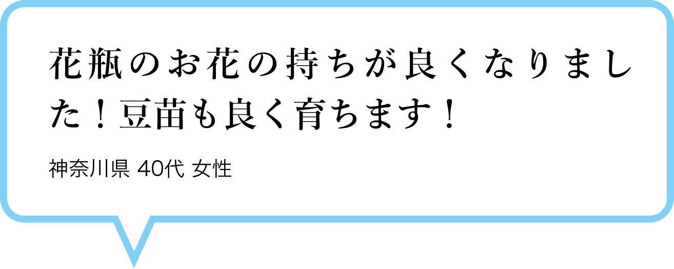 花瓶のお花の持ちが良くなりました！豆苗も良く育ちます！　神奈川県 40代 女性